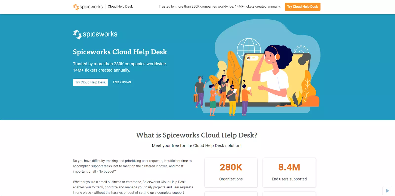 Page d'accueil de Spiceworks - logiciel d'assistance et de gestion des tickets gratuit