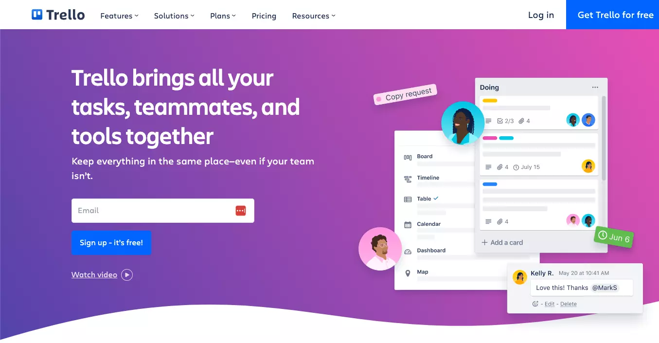 Page d'accueil de Trello - gardez votre travail organisé et suivez les tâches individuelles à partir d'une seule plateforme.