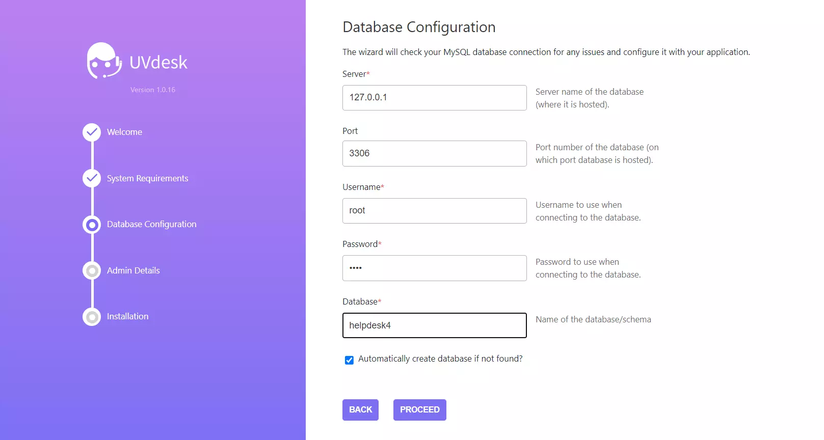 Exemple d'assistant d'installation UVdesk