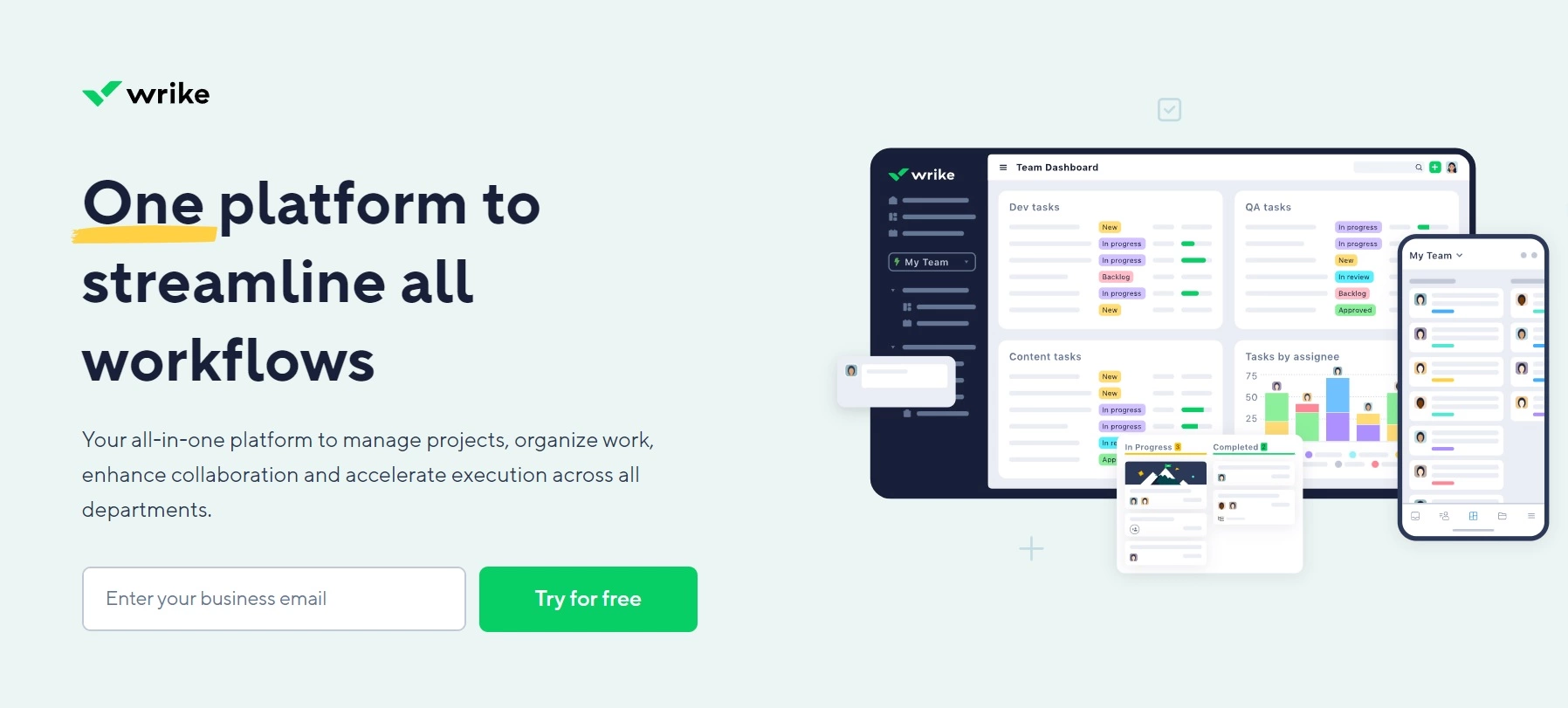 Page d'accueil de Wrike - une plateforme tout-en-un pour gérer les projets, organiser le travail et améliorer la collaboration dans les départements.