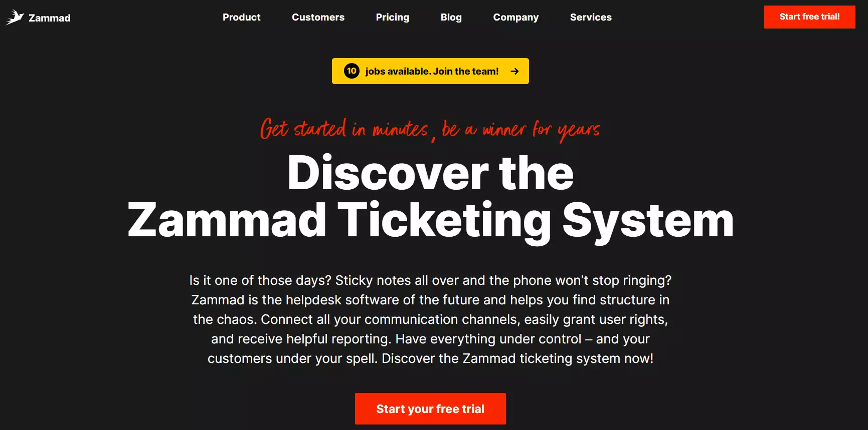 Page d'accueil de Zammad - Système de ticketing unifié open source