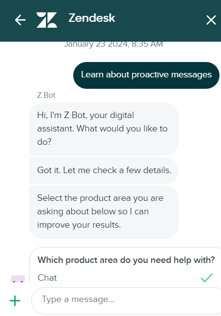 L'image montre à quoi ressemble une conversation de chat en direct de Zendesk