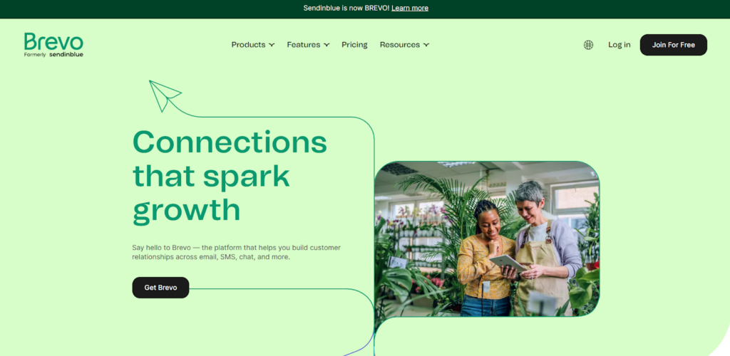 Brevo home page, email management software with marketing features