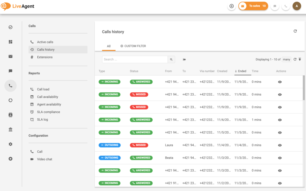 Gestion du centre d'appels - historique des appels