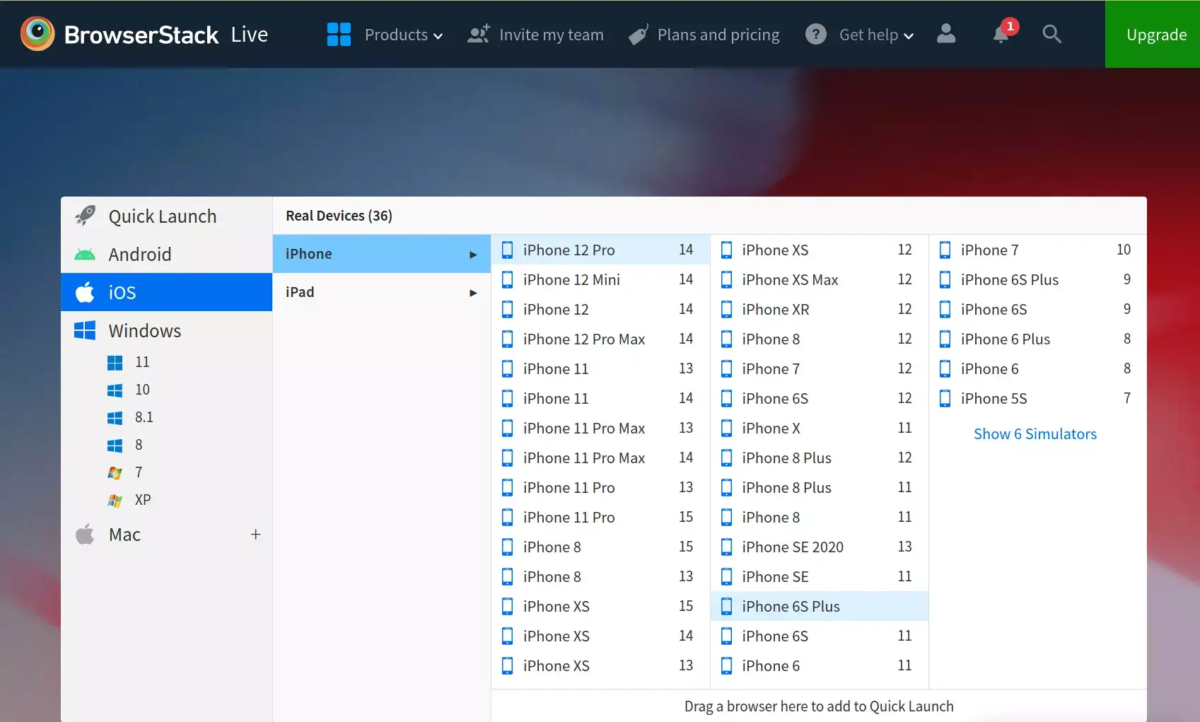 BrowserStack simule de nombreuses plates-formes mobiles et versions de systèmes d'exploitation