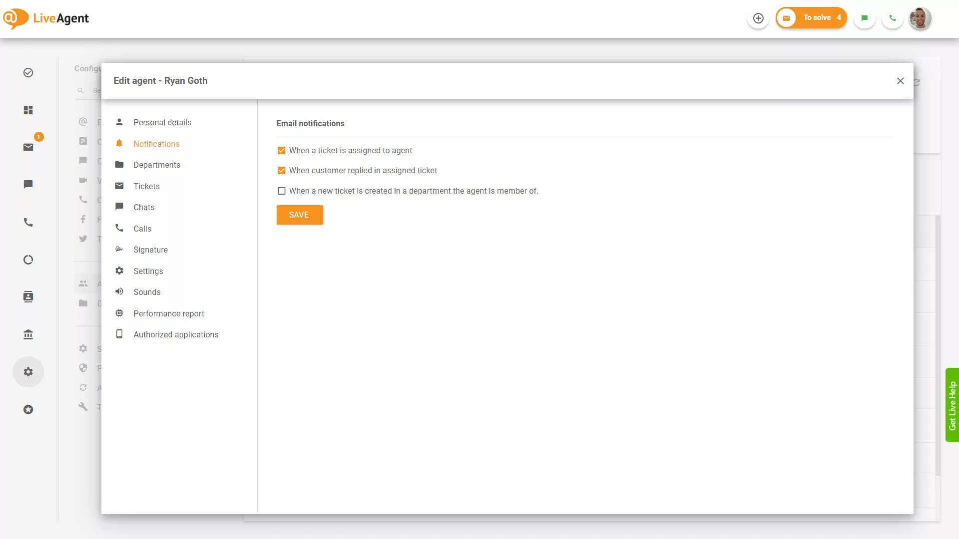 Paramètres des notifications par e-mail LiveAgent