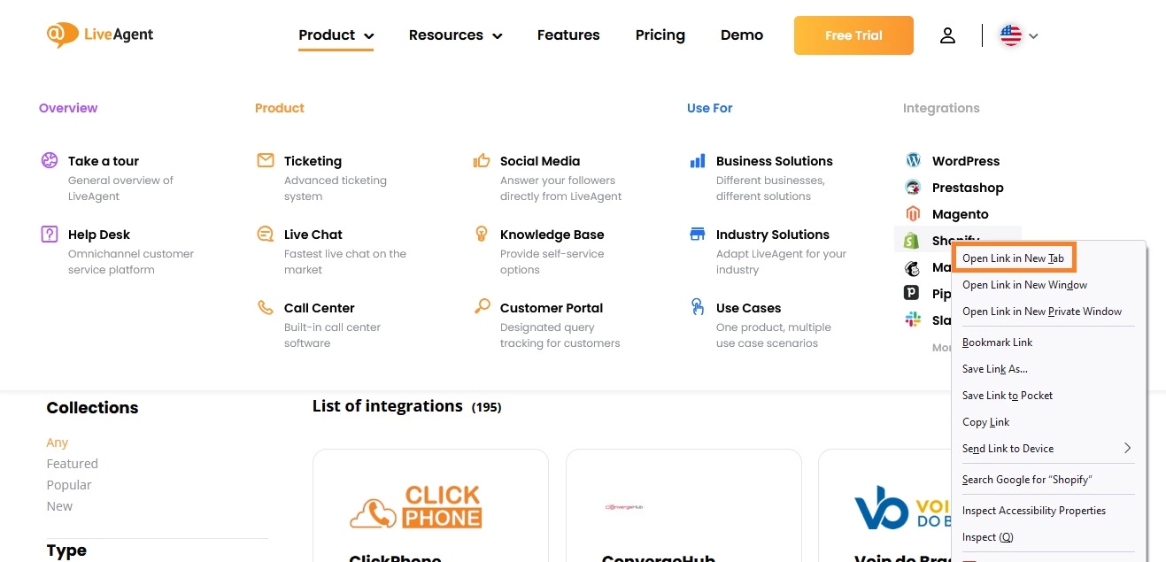 Exemple de nouvel onglet sur la page de LiveAgent