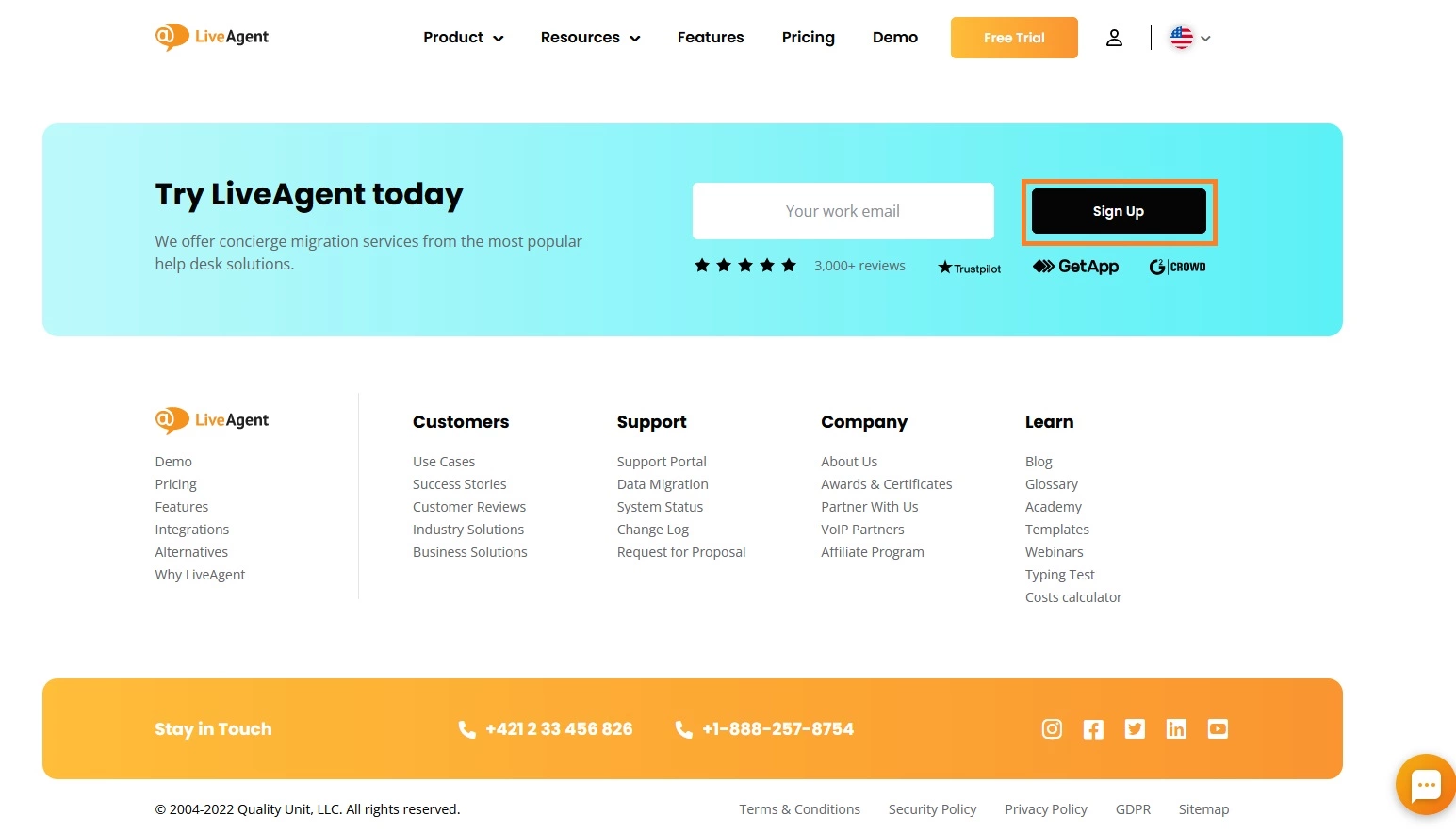 Option d'inscription de LiveAgent