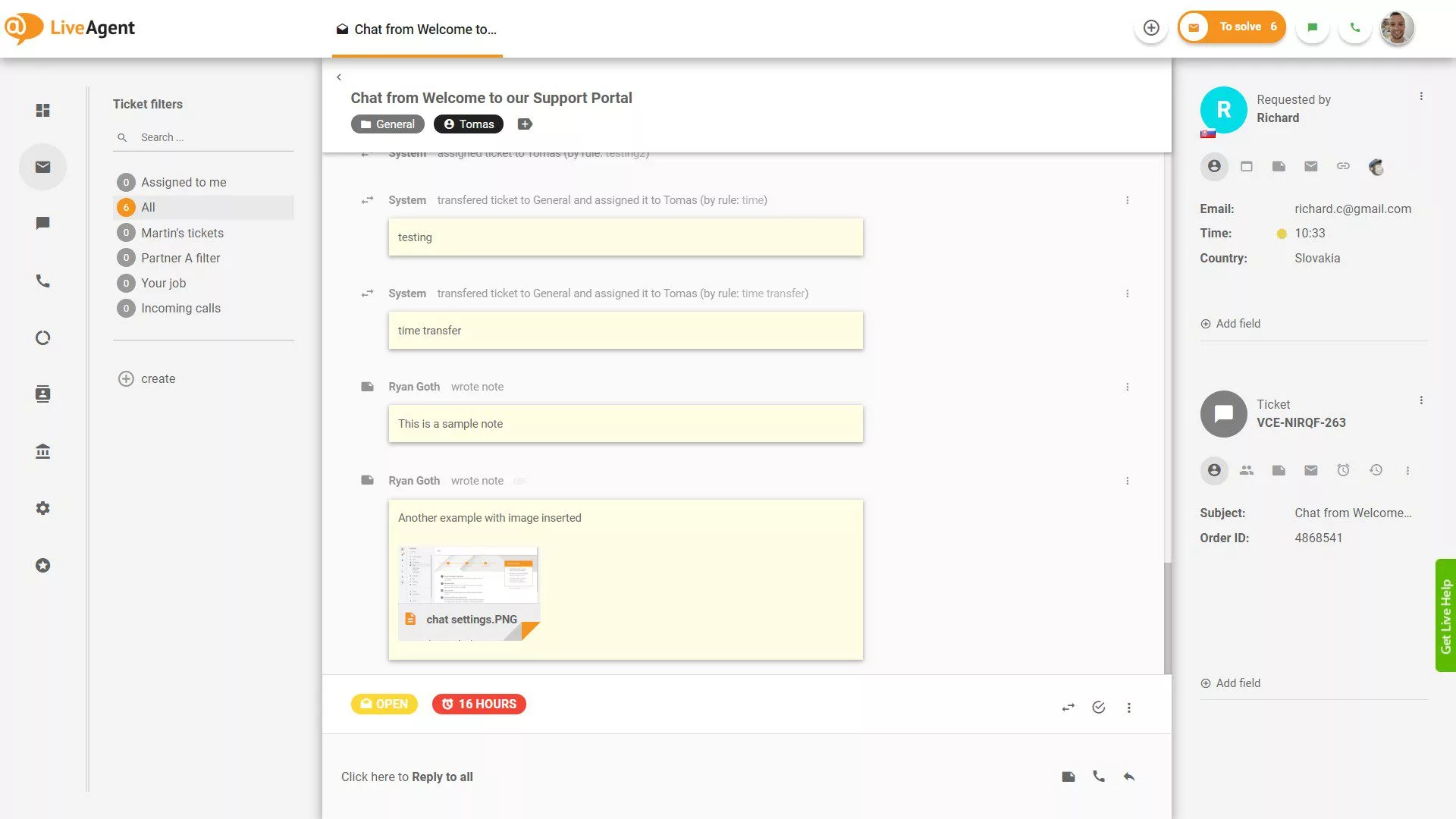 Notes à l'intérieur du ticket dans LiveAgent