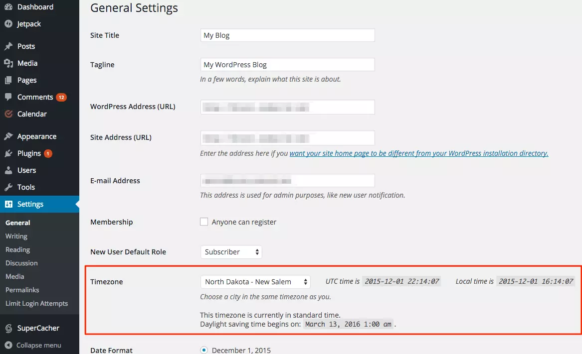 Paramètres de fuseau horaire WordPress