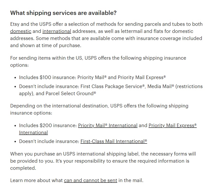 Services d'expédition disponibles Etsy