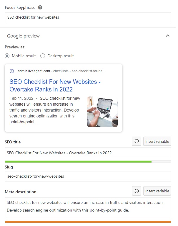 LiveAgent - exemple de phrase-clé, titre SEO et description méta