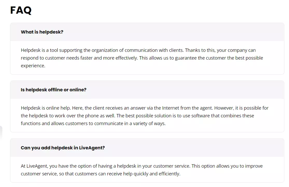 Exemple de FAQ de LiveAgent