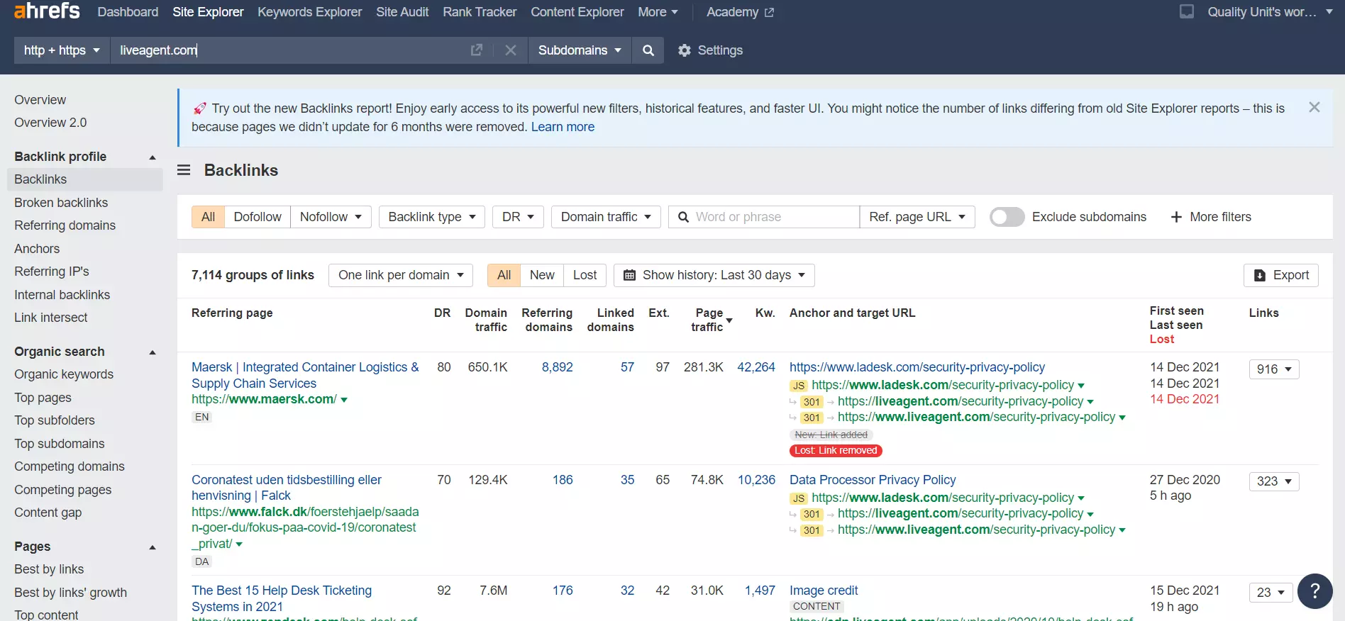 Exemple de backlinks externes Ahrefs