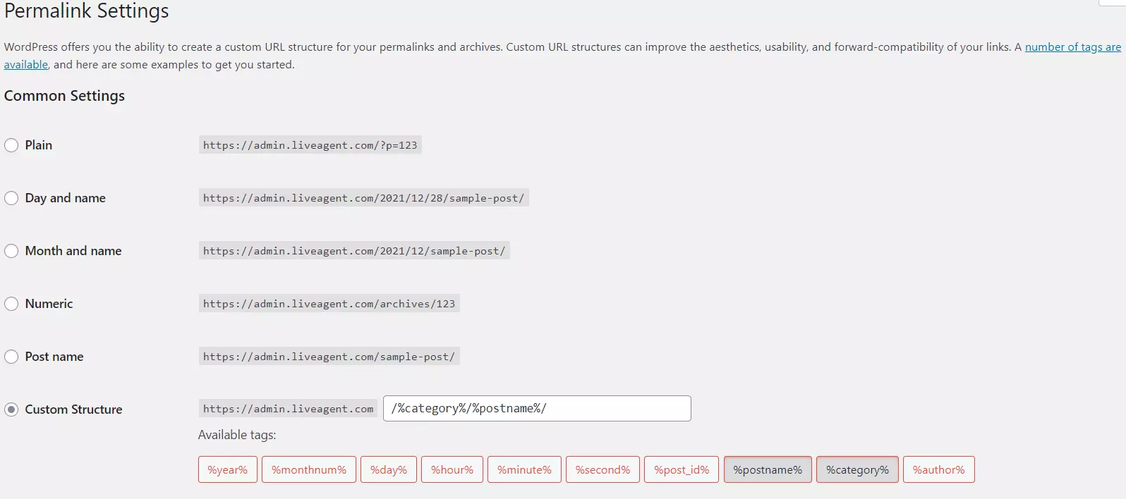 Exemple de paramètres de permalien