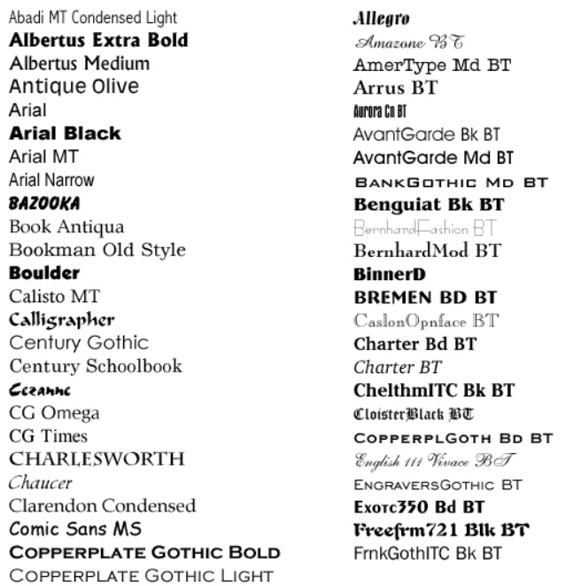 Exemple de polices dans MS Word