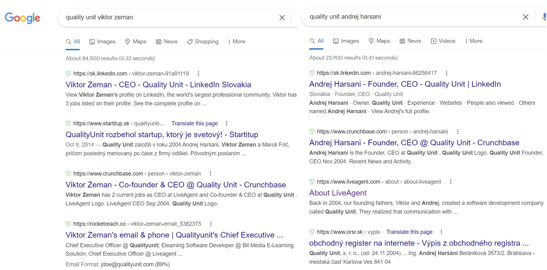 Résultats de recherche Google des propriétaires de Quality Unit
