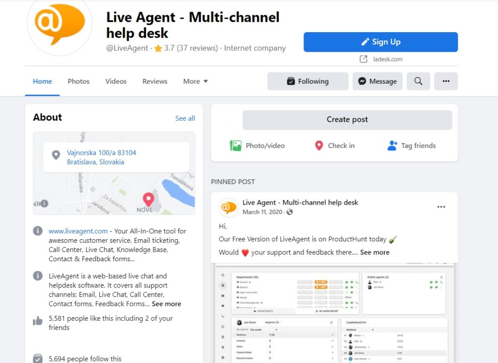 LiveAgent - page d'accueil Facebook