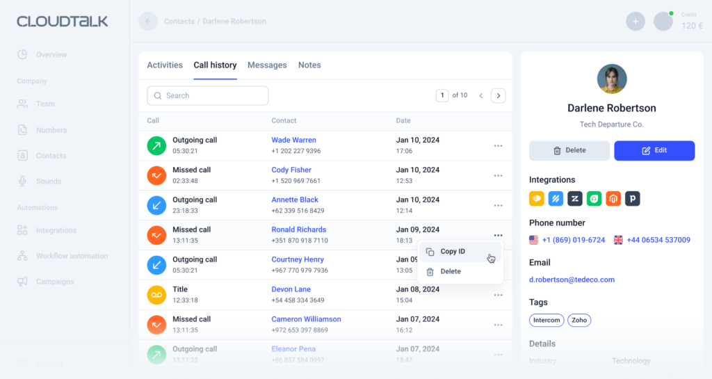 Interface utilisateur CloudTalk