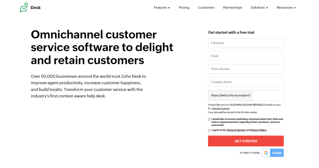 Page d'accueil de Zoho Desk