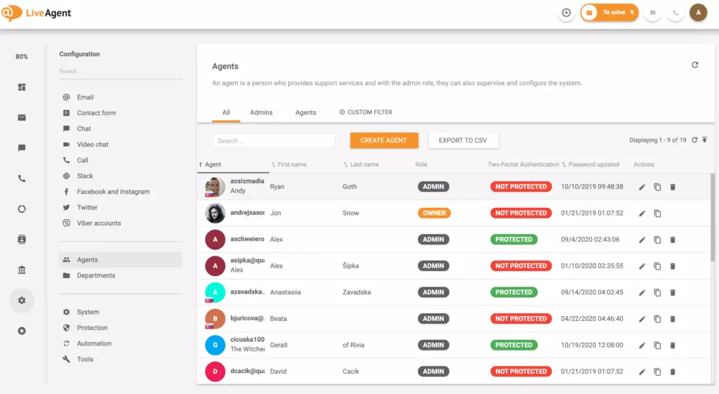LiveAgent – Agents (exemple)