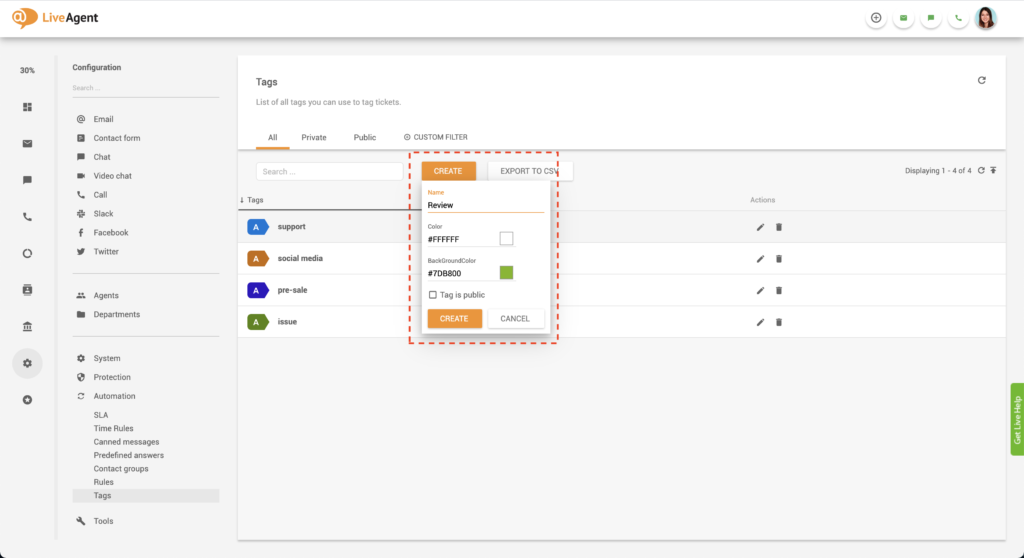 Création d'étiquettes personnalisées dans LiveAgent