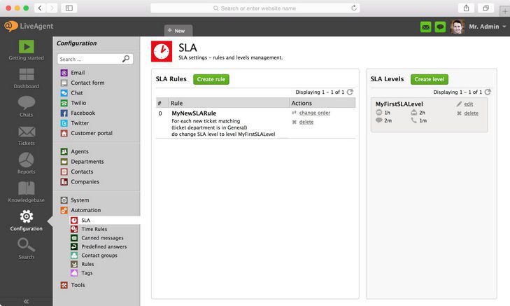 L'image montre où trouver les paramètres SLA dans LiveAgent