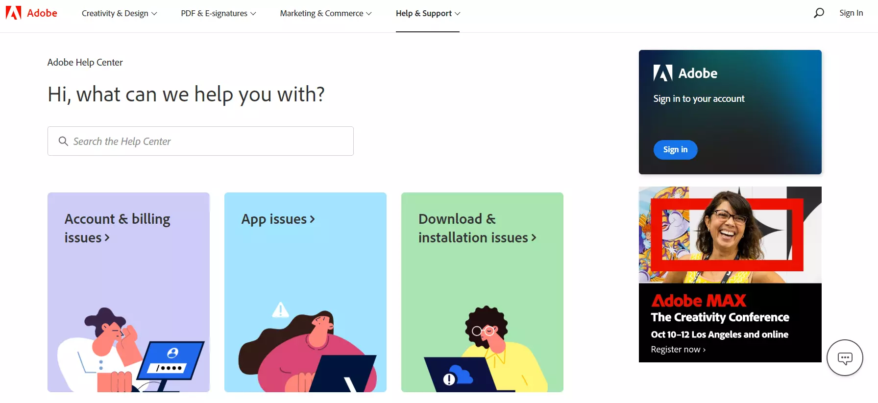 Page d'accueil de la base de connaissances Adobe, montrant leur système de gestion des connaissances.