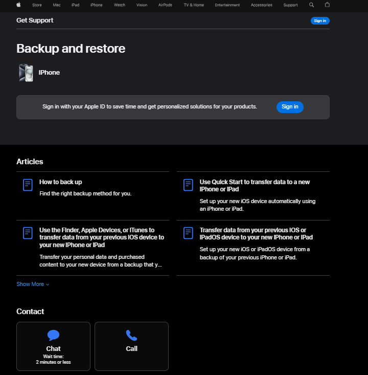 Page de support d'Apple affichant ses options de support