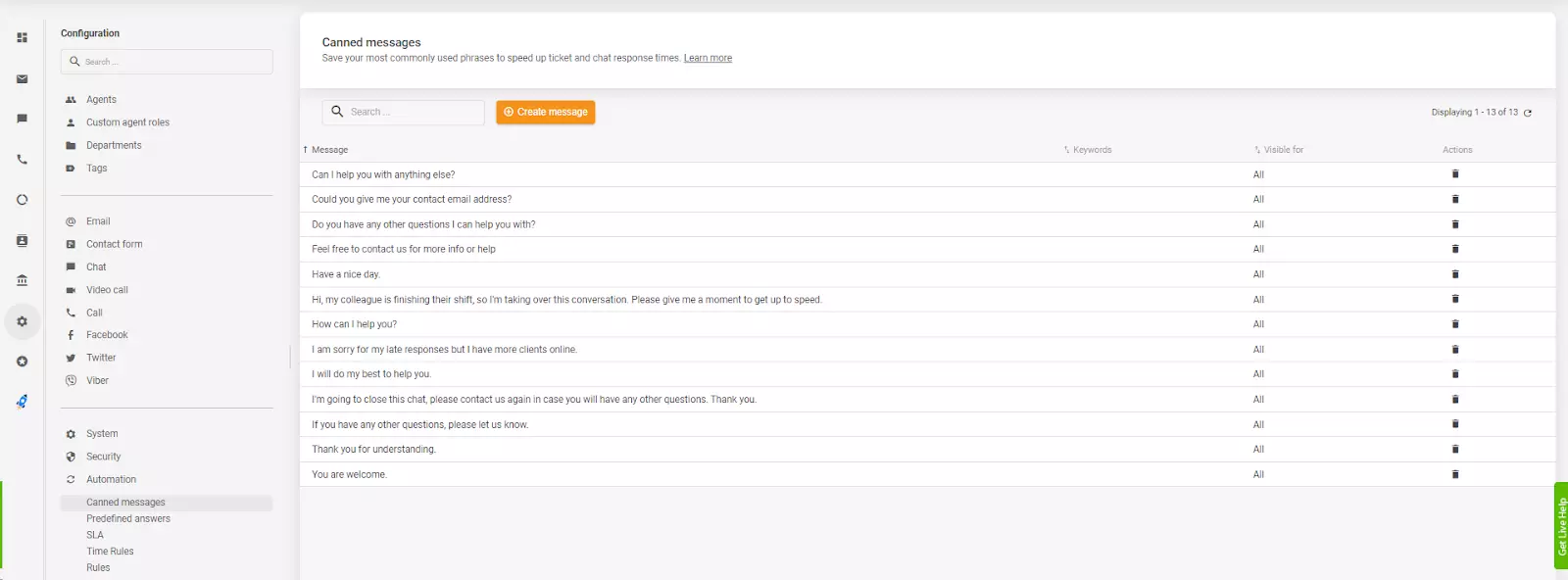 Réponses prédéfinies sous Automations dans l'interface agent de LiveAgent