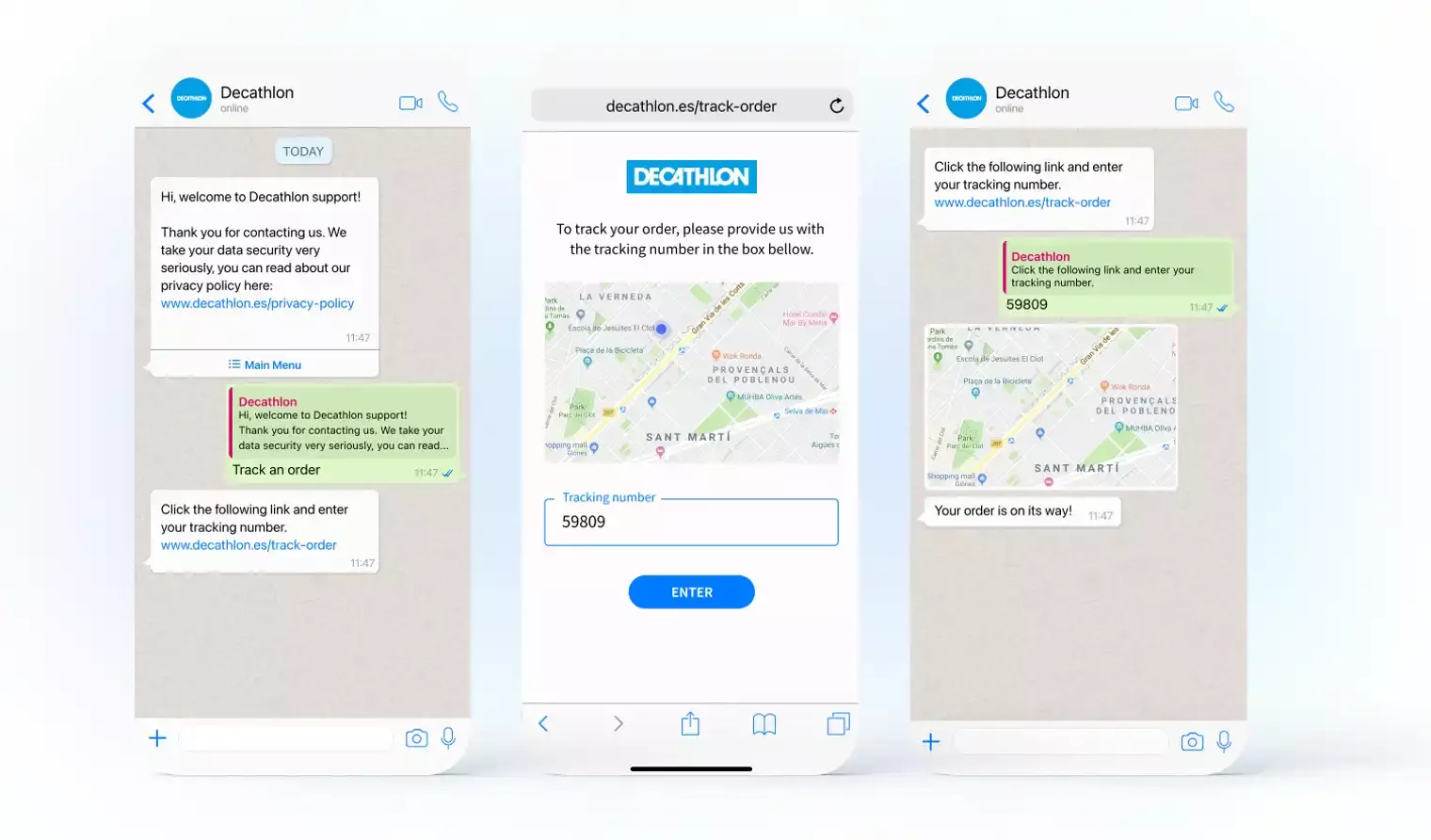 Capacités de chat en direct Decathlon via WhatsApp pour le suivi des commandes