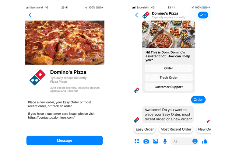 Chat en direct Domino's Pizza Messenger pour passer des commandes