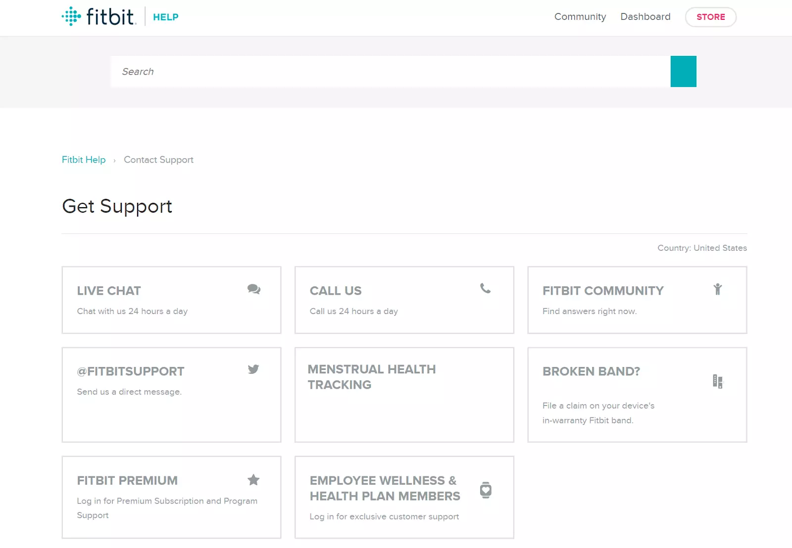 Page Fitbit Get Support affichant les options de support