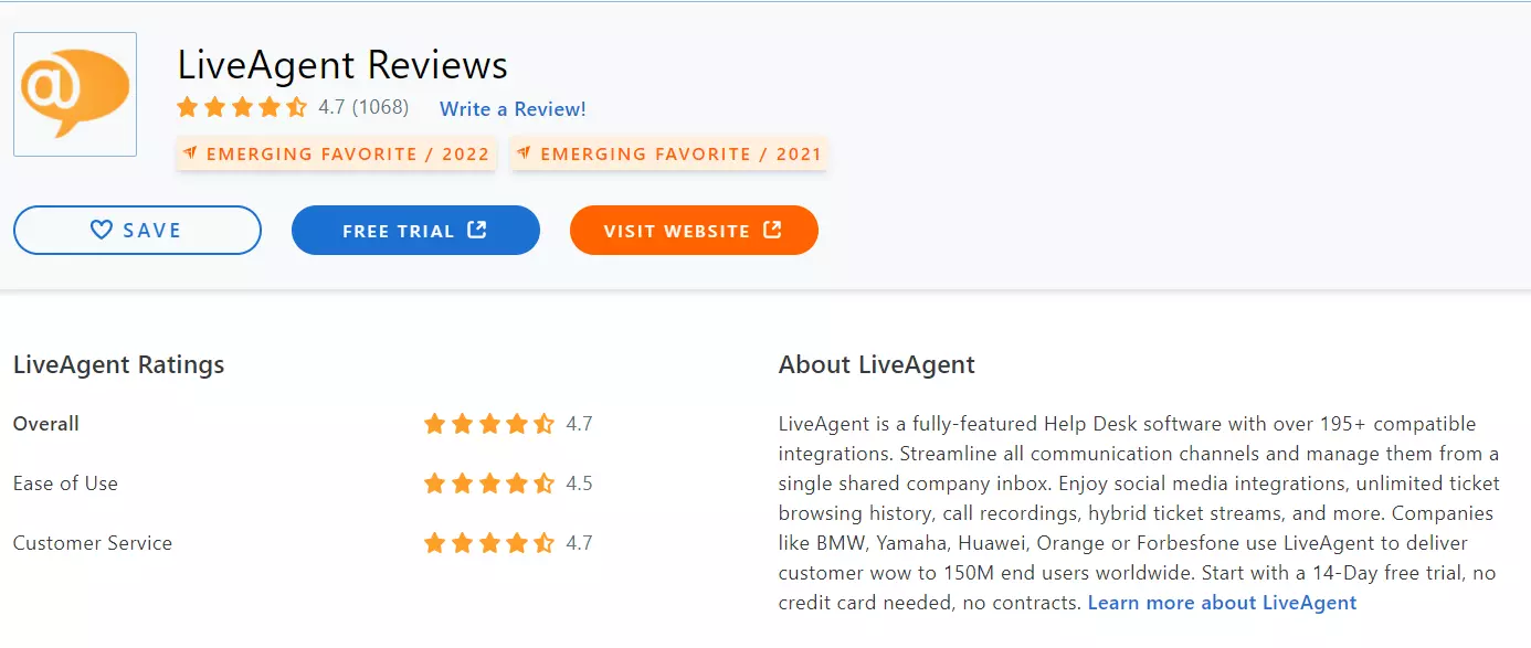 Avis Capterra de LiveAgent 2022