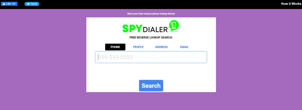 Page d'accueil de Spy Dialer