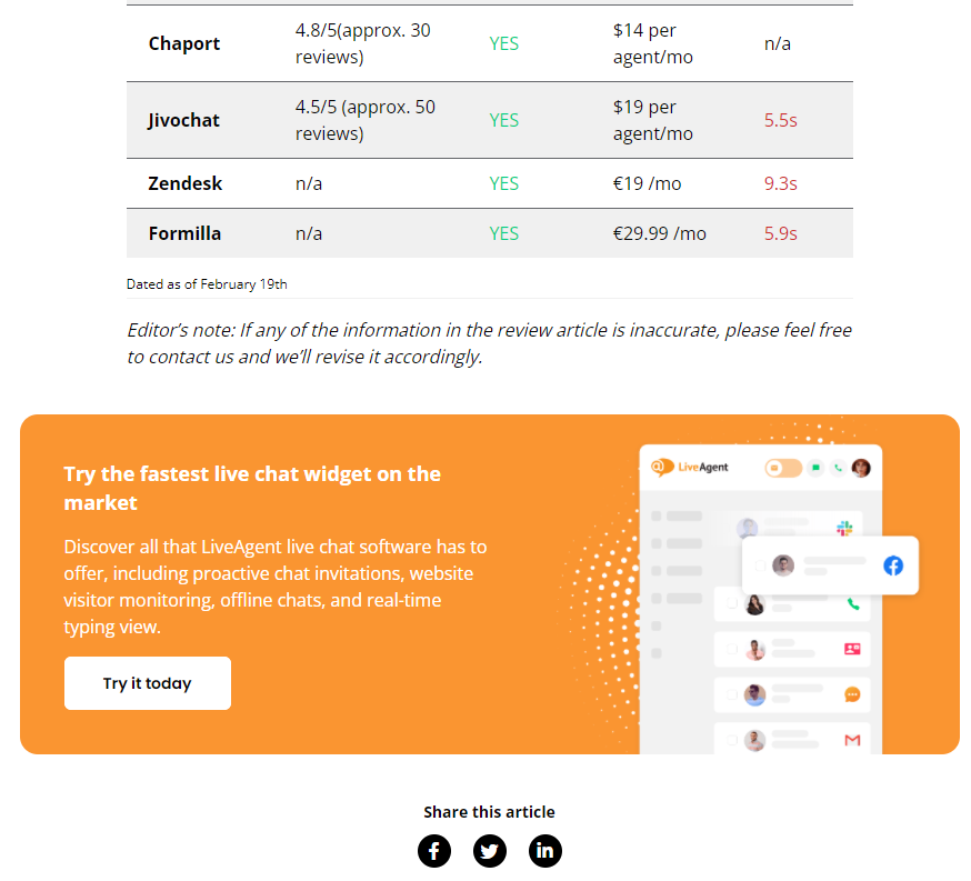 CTA de fin de contenu de LiveAgent