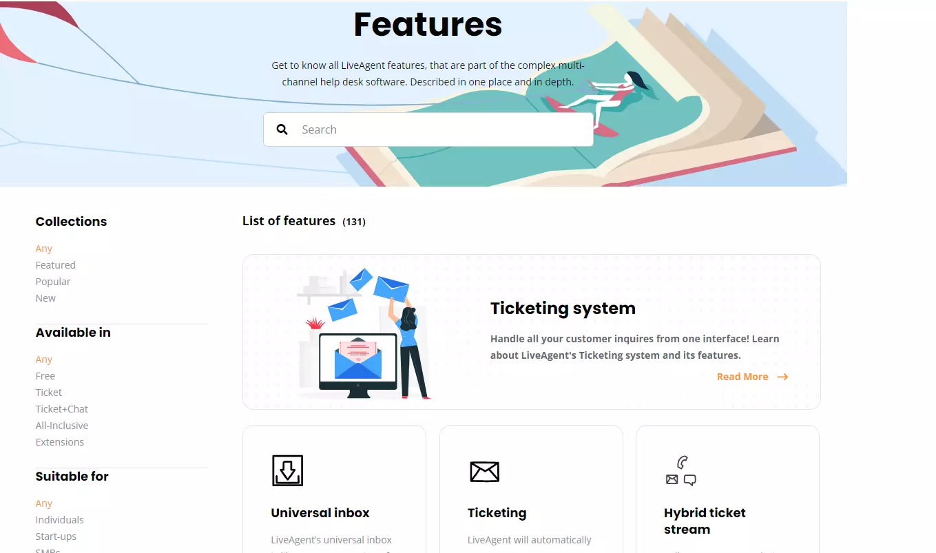 Page de fonctionnalités de LiveAgent