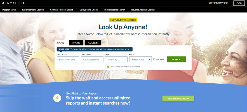 Page d'accueil d'Intelius