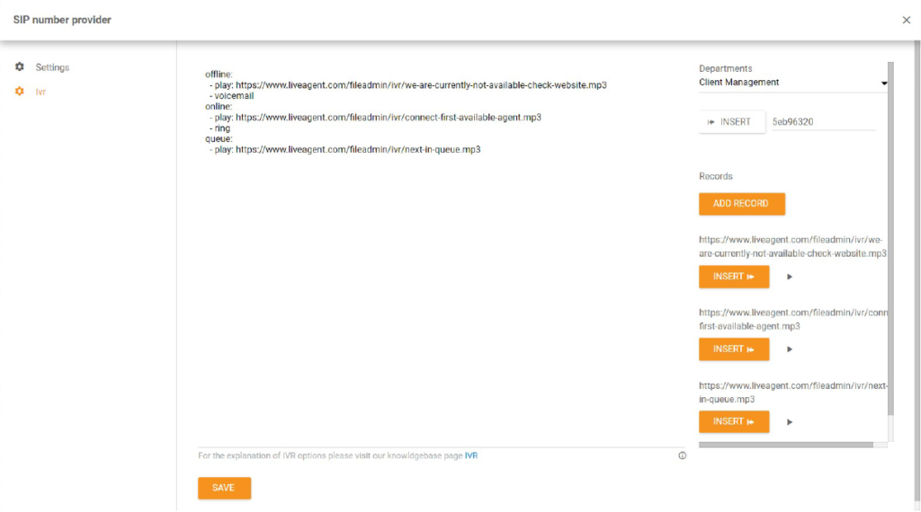 Configuration de l'IVR dans LiveAgent