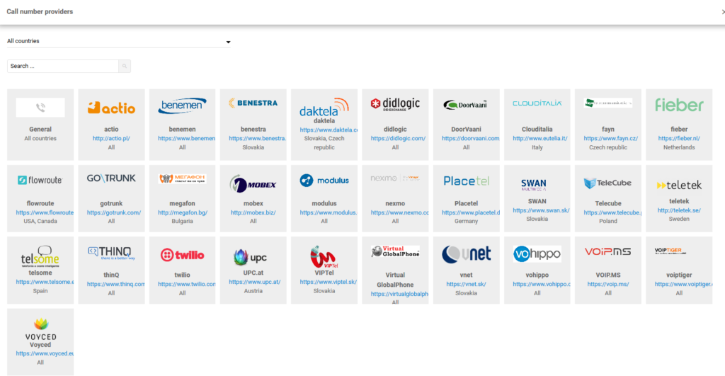 Liste des fournisseurs de numéros d'appel