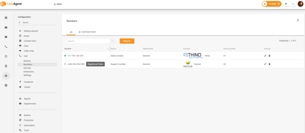 Configuration des numéros LiveAgent