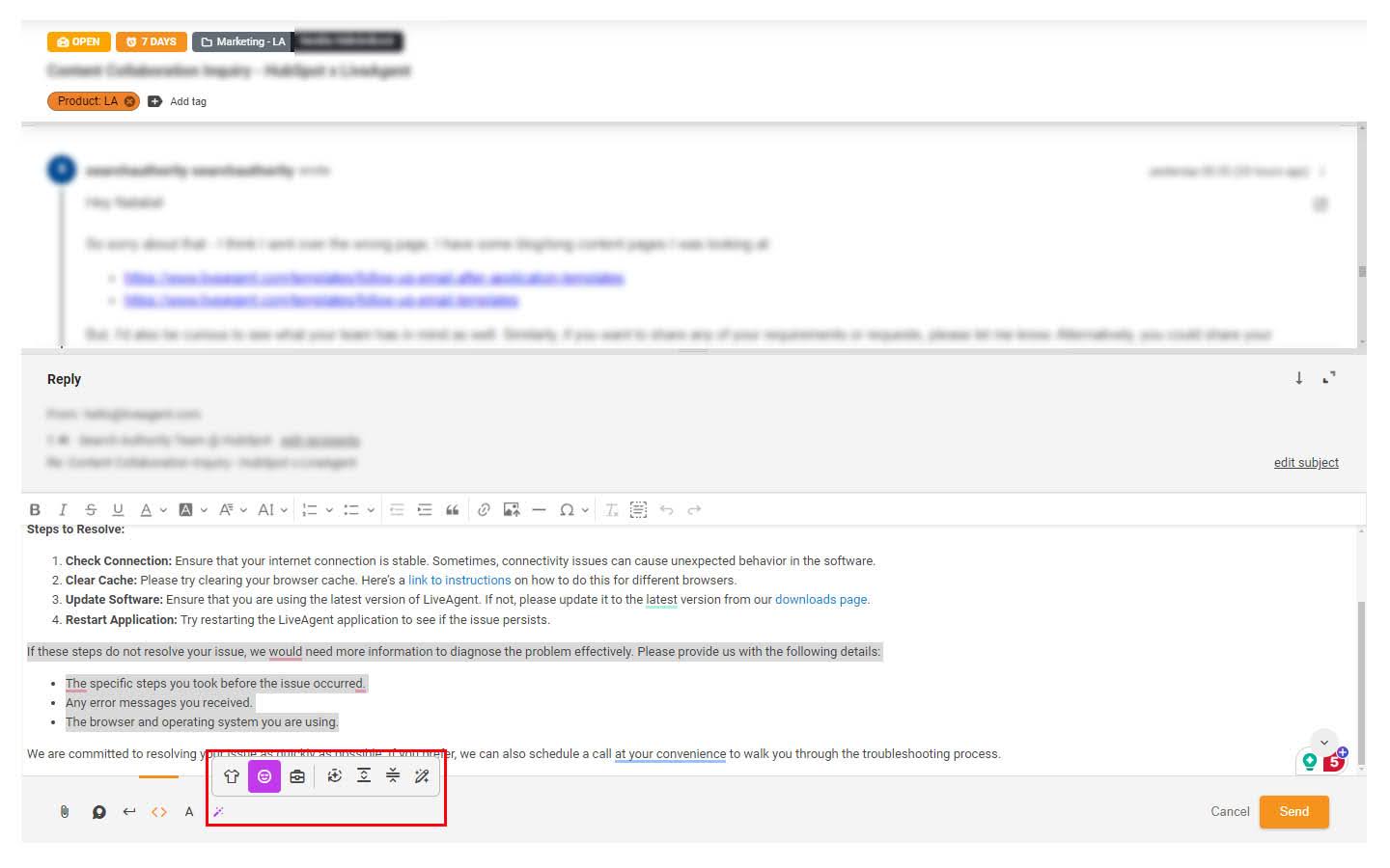 Image de la fonctionnalité Assistant IA mise en surbrillance dans le ticket de support
