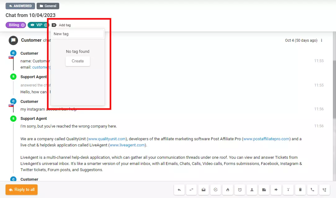L'image montre comment créer une nouvelle étiquette directement à l'intérieur d'un ticket