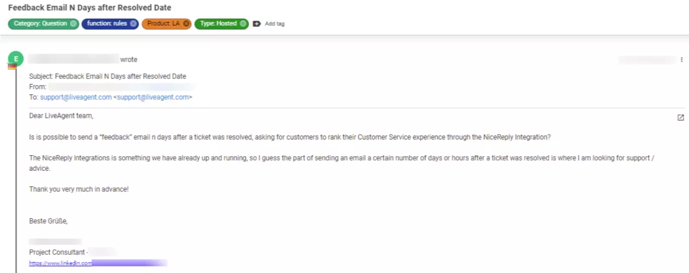 Capture d'écran d'un ticket qui montre un problème client qui est considéré comme une priorité basse.