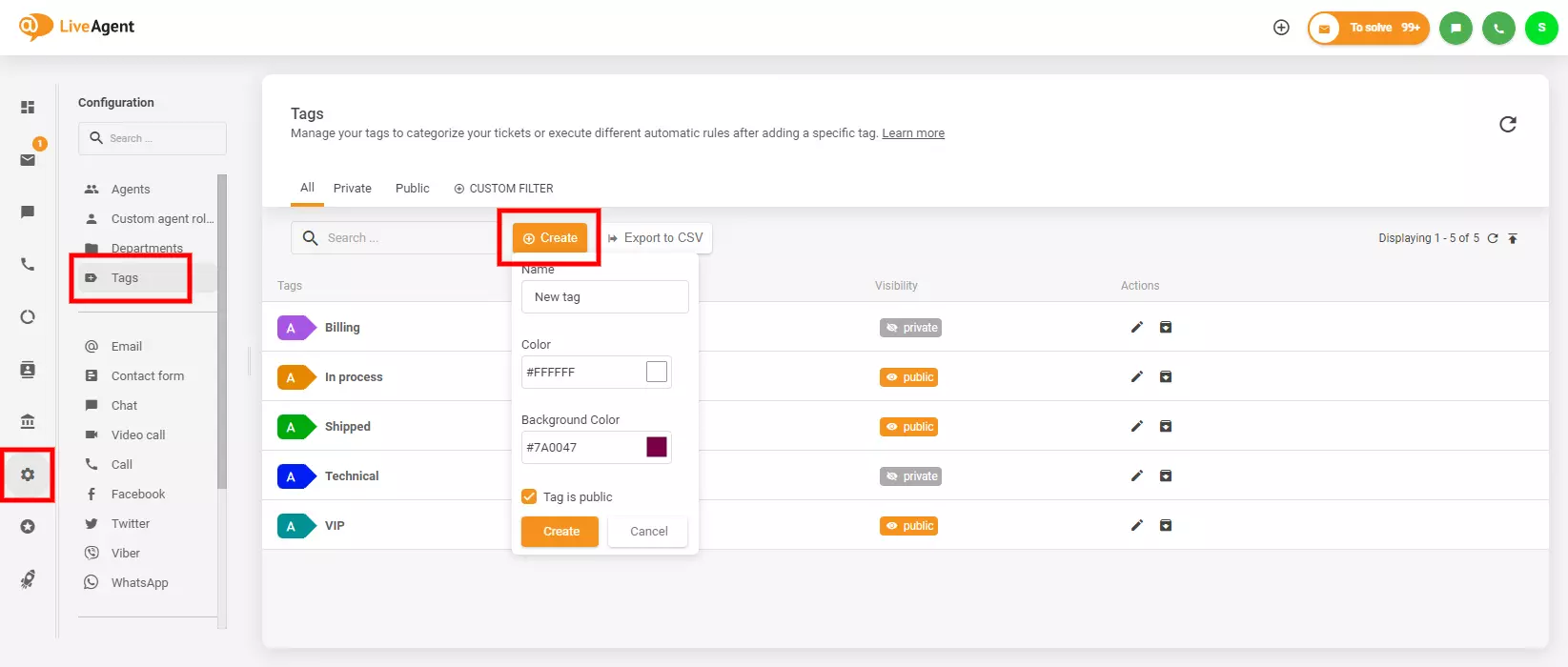 L'image montre où trouver et créer des étiquettes dans LiveAgent