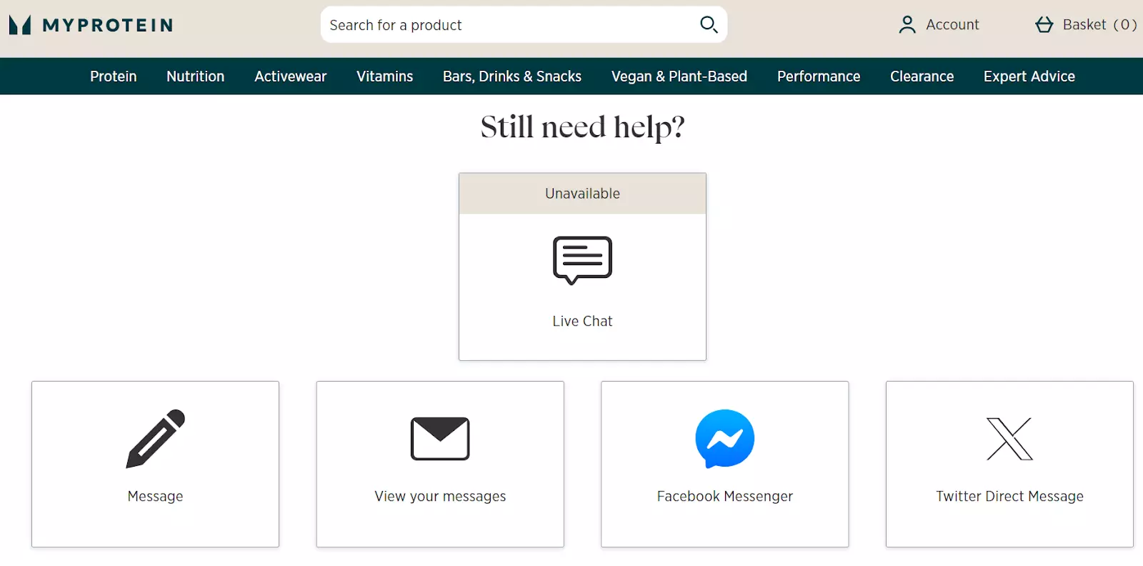 Page de support MyProtein avec les canaux de communication