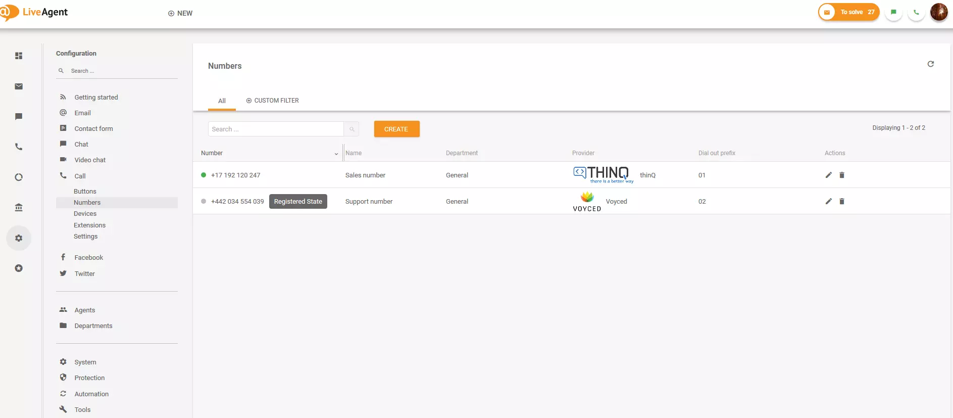Section Numéros dans LiveAgent