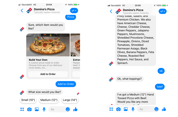 Continuation du processus de commande de chat en direct Domino's Pizza