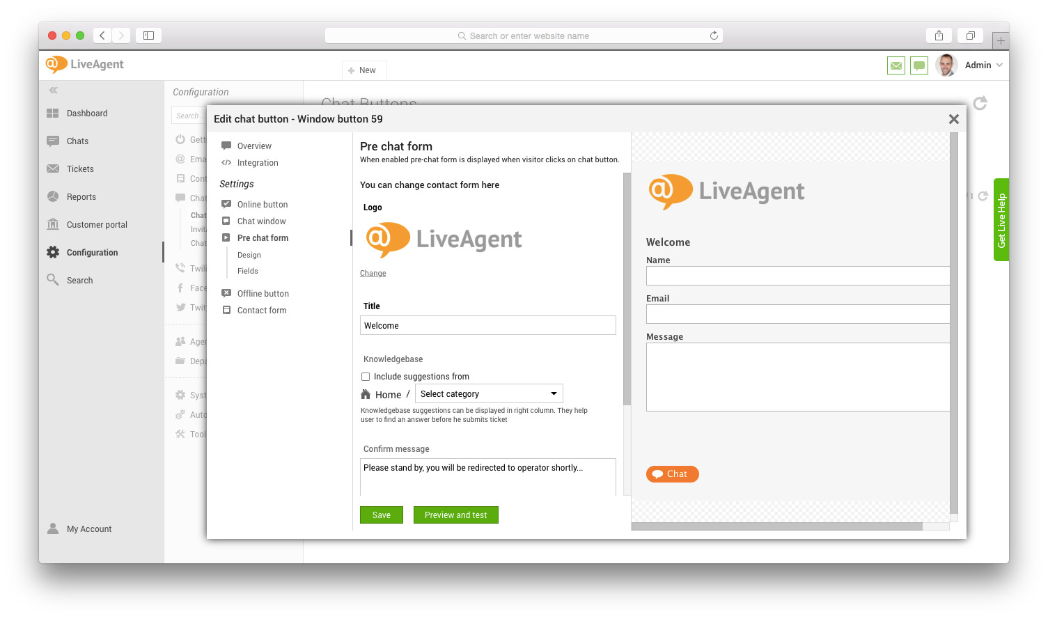 Fenêtre de formulaire de pré-chat avec champs et aperçu