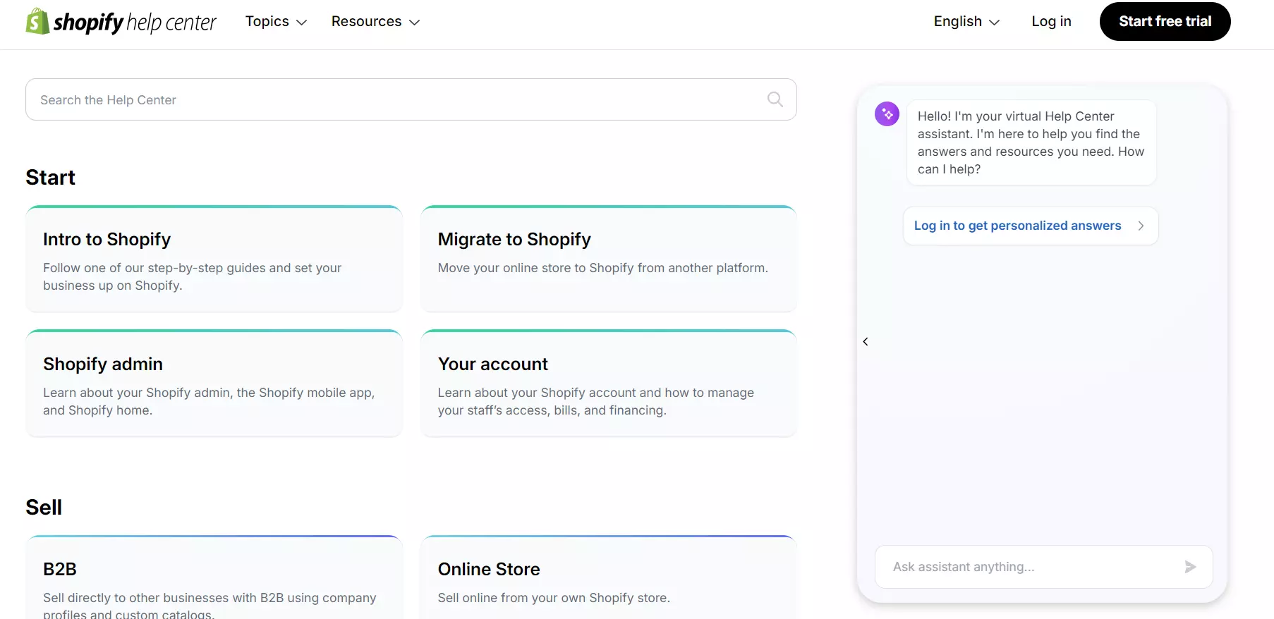 Page d'accueil de Shopify avec leur chatbox utilisant un chatbot